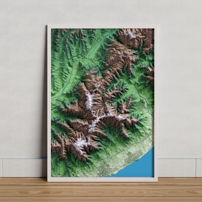 Mapa artístico del relieve de Òrrius, al Maresme, con 15 km de entorno y base topográfica ICGC. Presentación enmarcada.