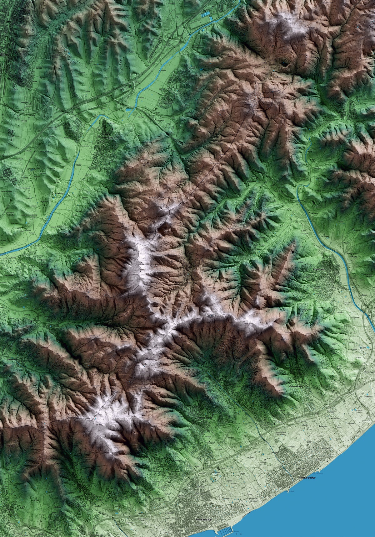 Mapa artístico del relieve de Òrrius, al Maresme, con 15 km de entorno y base topográfica ICGC
