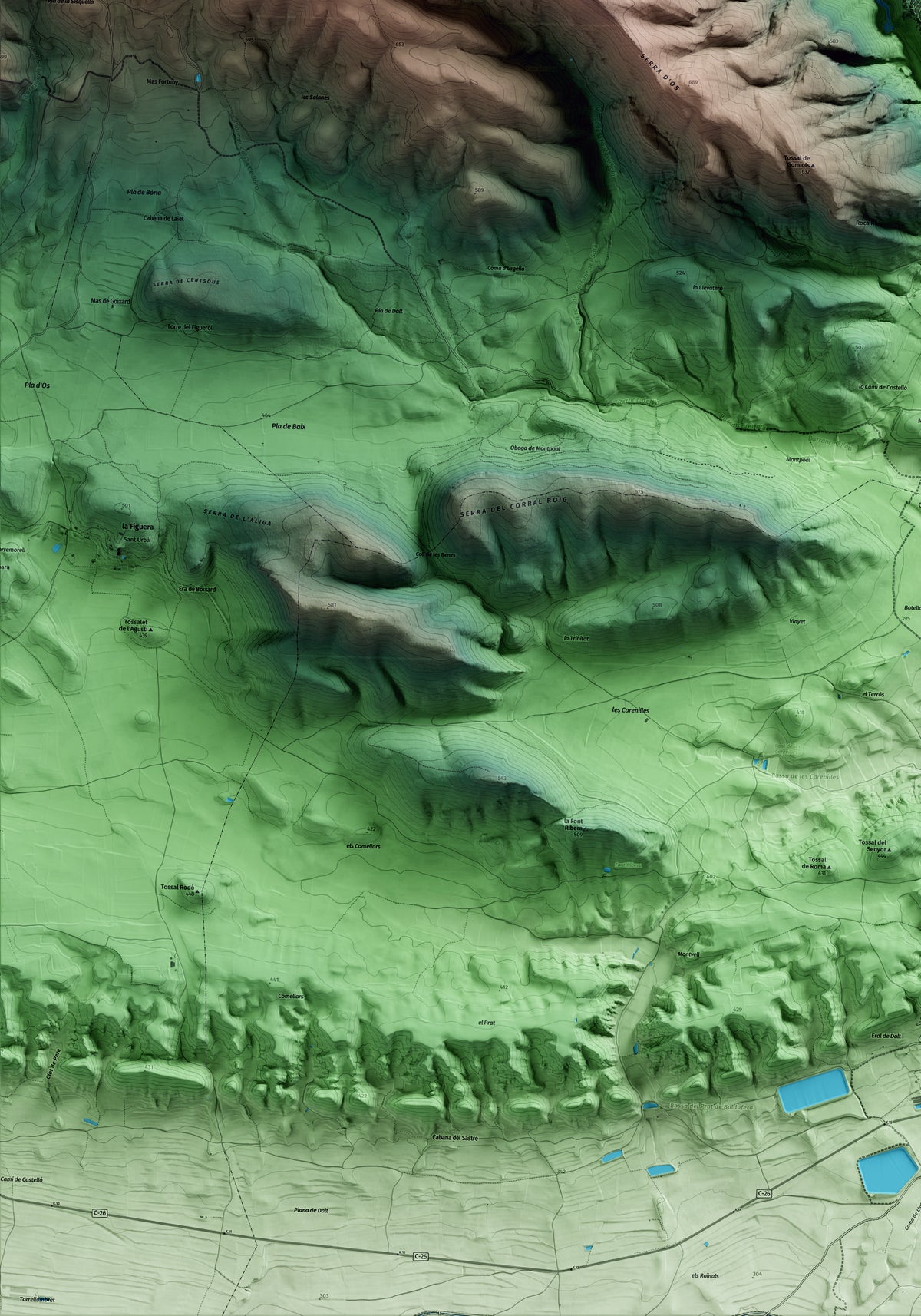 Mapa artístico del relieve de Os de Balaguer, a la Noguera, con 15 km de entorno y base topográfica ICGC. Detalle de la zona inferior izquierda.