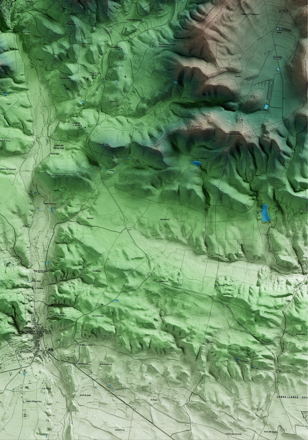 Mapa artístico del relieve de Os de Balaguer, a la Noguera, con 15 km de entorno y base topográfica ICGC. Detalle de la zona inferior derecha.