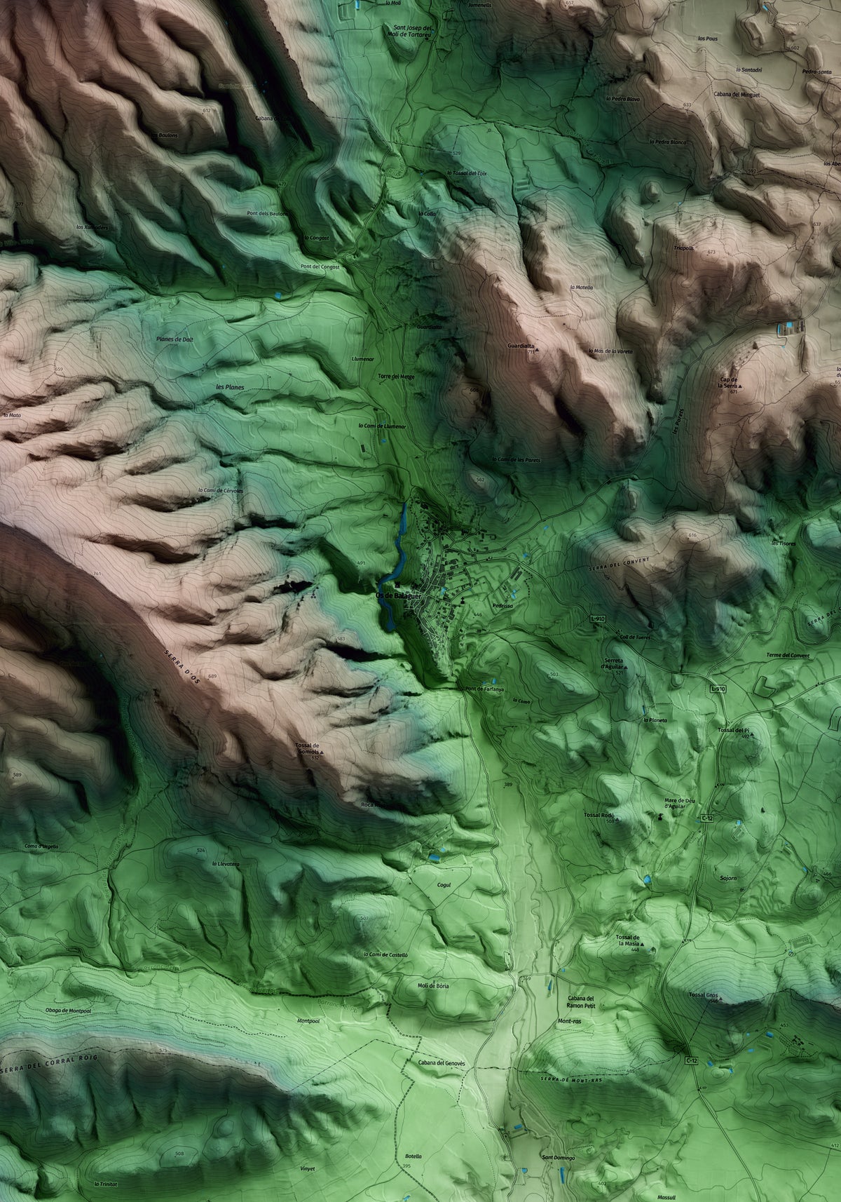 Mapa artístico del relieve de Os de Balaguer, a la Noguera, con 15 km de entorno y base topográfica ICGC. Detalle de la zona central.