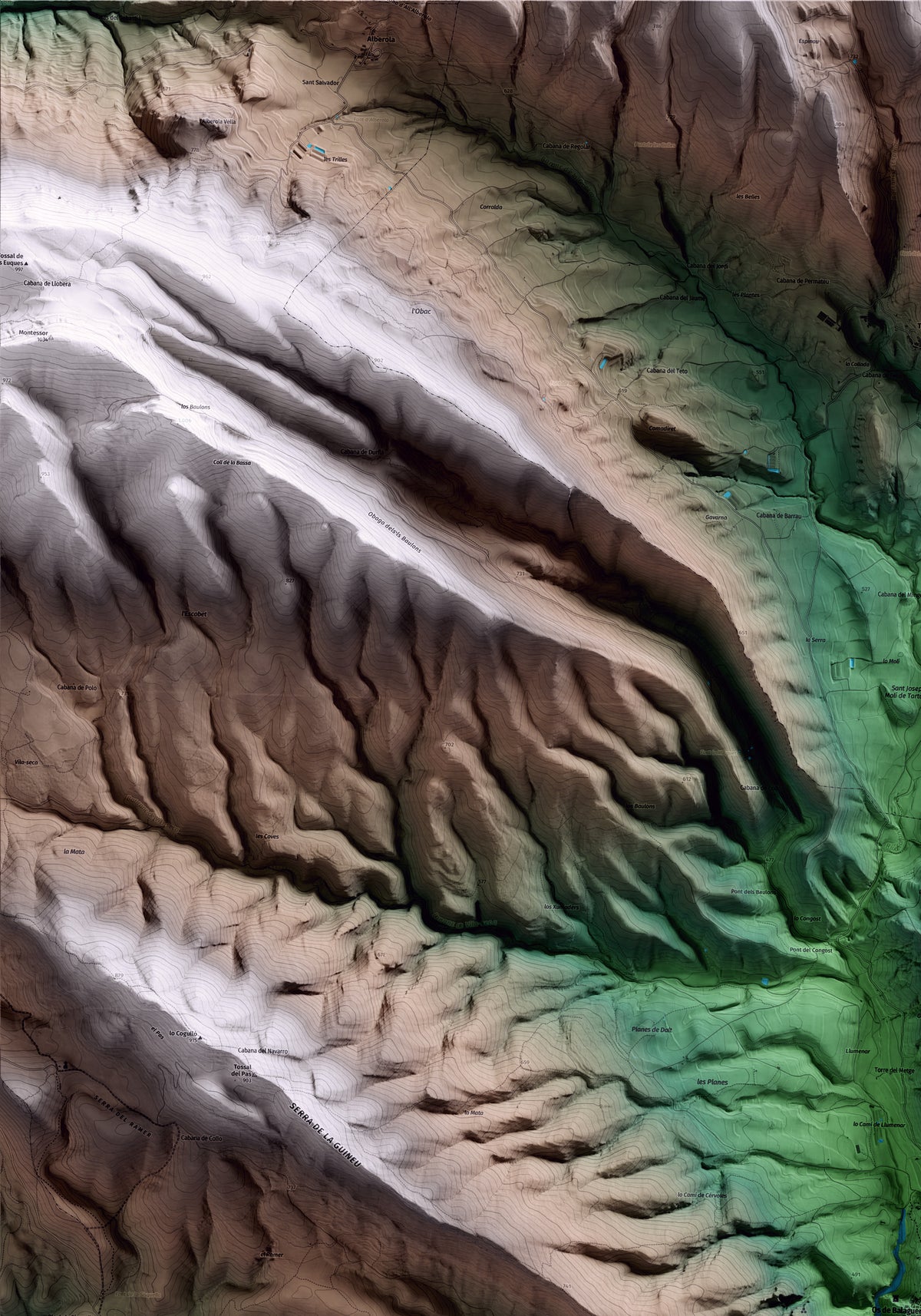 Mapa artístico del relieve de Os de Balaguer, a la Noguera, con 15 km de entorno y base topográfica ICGC. Detalle de la zona superior izquierda.
