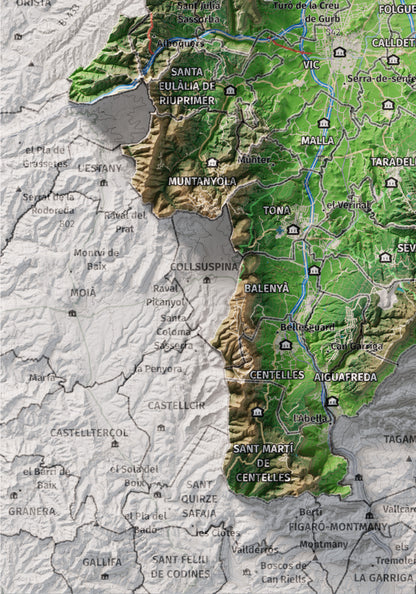 Mapa de relieve de Osona, con el territorio en color y el entorno en blanco. Detalle de la zona inferior izquierda. 21 × 30 cm. Estilo Clásico.