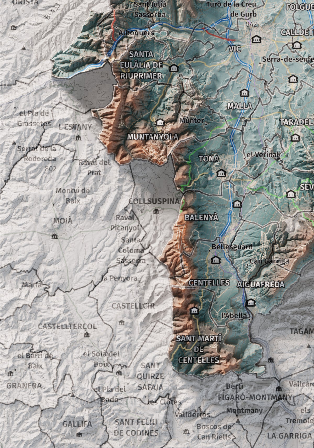 Mapa de relieve de Osona, con el territorio en color y el entorno en blanco. Detalle de la zona inferior izquierda. 21 × 30 cm. Estilo Azul y naranja.