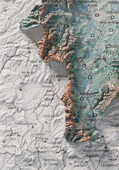 Mapa de relieve de Osona, con el territorio en color y el entorno en blanco. Detalle de la zona inferior izquierda. 21 × 30 cm. Estilo Azul y naranja.