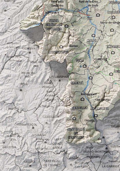 Mapa de relieve de Osona, con el territorio en color y el entorno en blanco. Detalle de la zona inferior izquierda. 21 × 30 cm. Estilo Cartográfico.