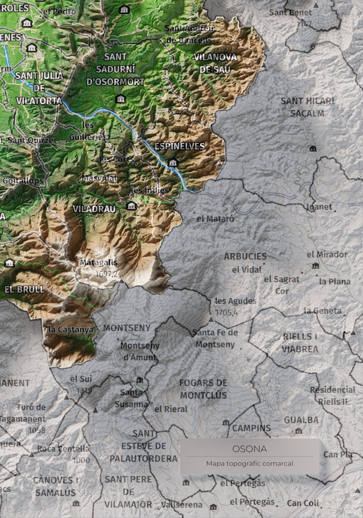 Mapa de relieve de Osona, con el territorio en color y el entorno en blanco. Detalle de la zona inferior derecha. 21 × 30 cm. Estilo Clásico.