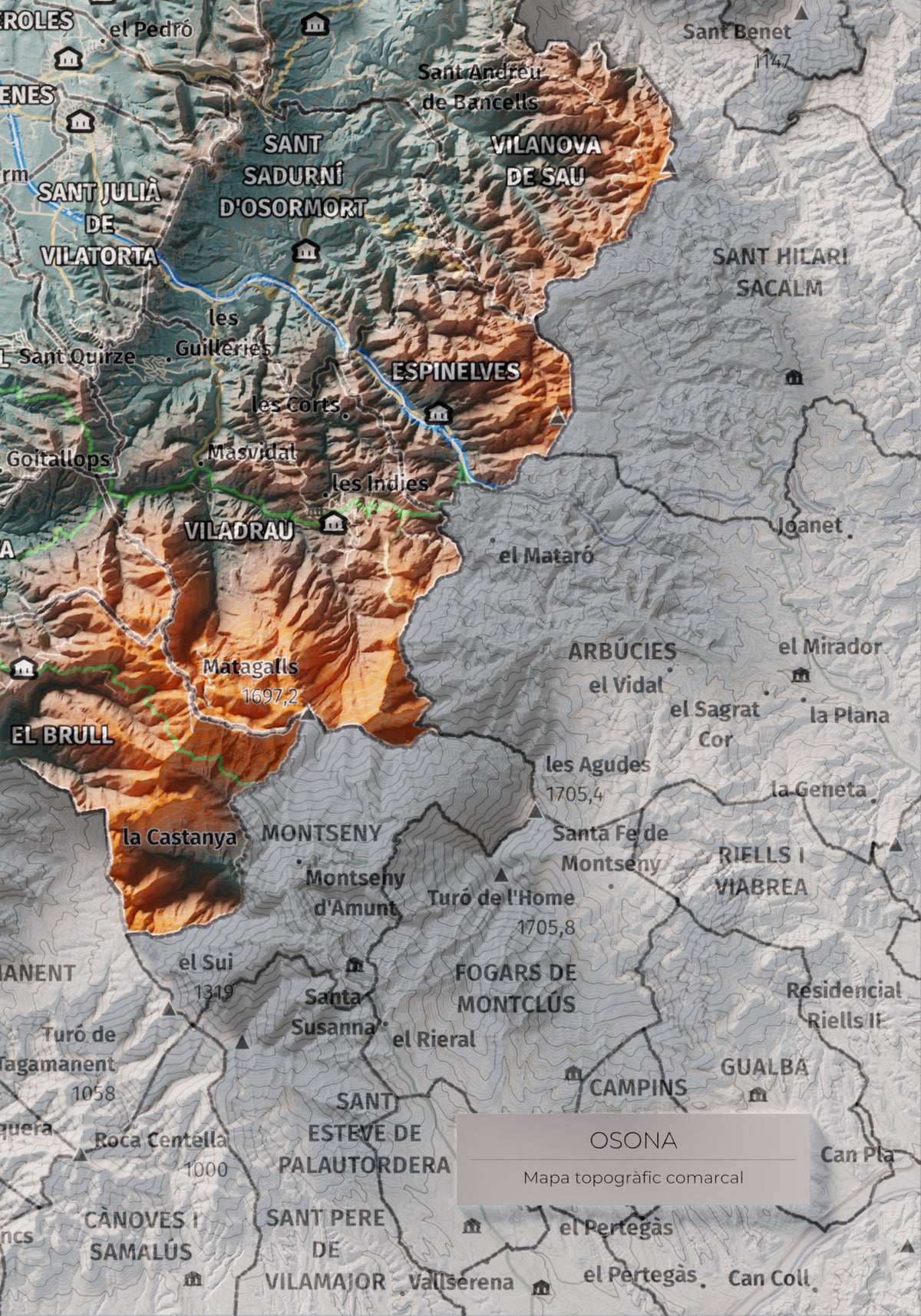 Mapa de relieve de Osona, con el territorio en color y el entorno en blanco. Detalle de la zona inferior derecha. 21 × 30 cm. Estilo Azul y naranja.