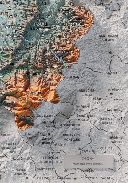 Mapa de relieve de Osona, con el territorio en color y el entorno en blanco. Detalle de la zona inferior derecha. 21 × 30 cm. Estilo Azul y naranja.