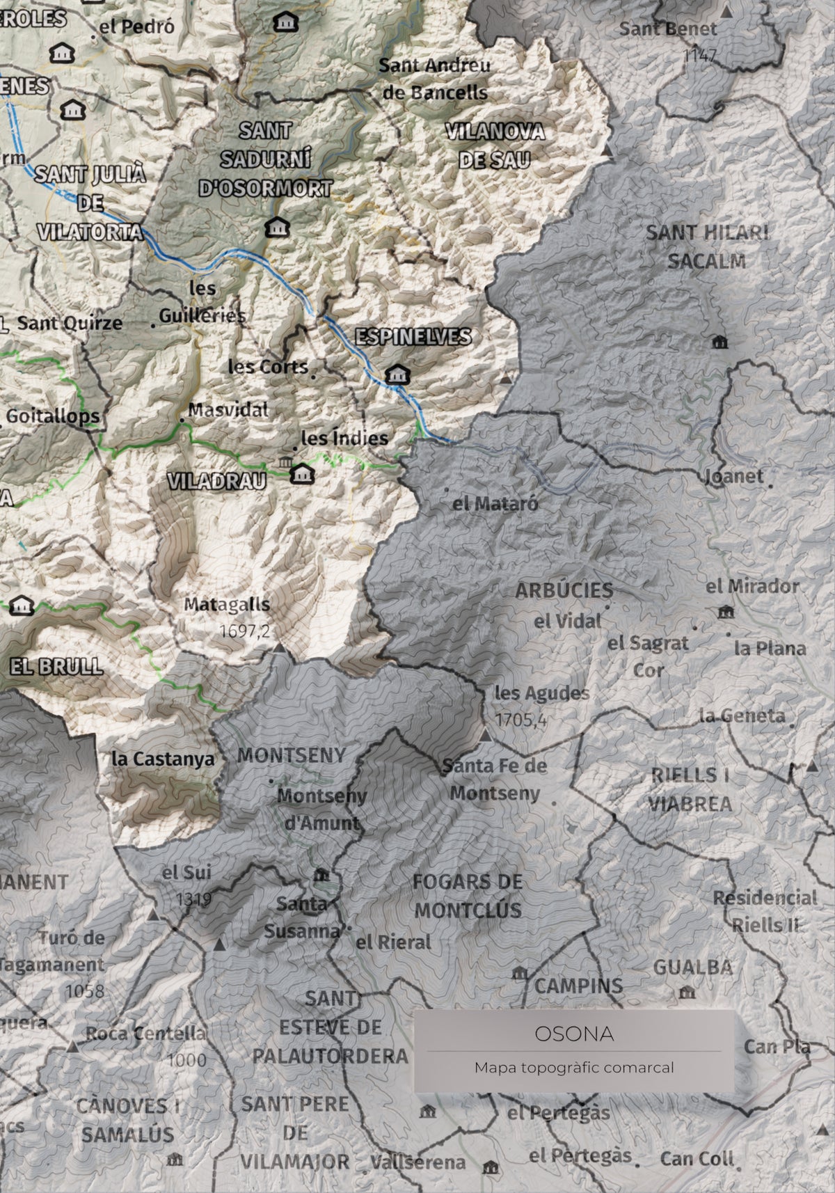 Mapa de relieve de Osona, con el territorio en color y el entorno en blanco. Detalle de la zona inferior derecha. 21 × 30 cm. Estilo Cartográfico.