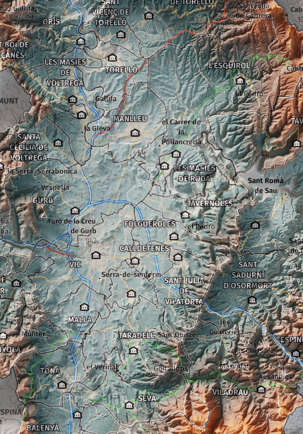 Mapa de relieve de Osona, con el territorio en color y el entorno en blanco. Detalle de la zona central. 21 × 30 cm. Estilo Azul y naranja.
