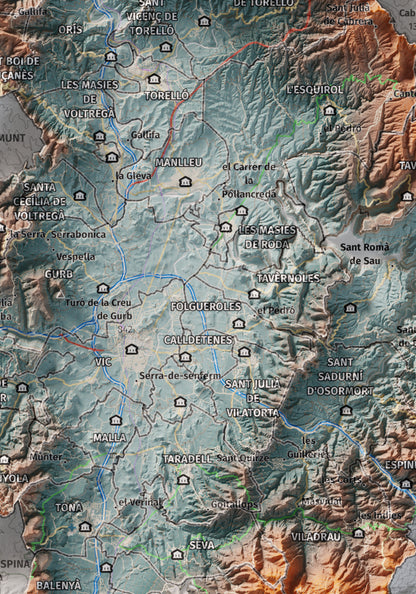 Mapa de relieve de Osona, con el territorio en color y el entorno en blanco. Detalle de la zona central. 21 × 30 cm. Estilo Azul y naranja.