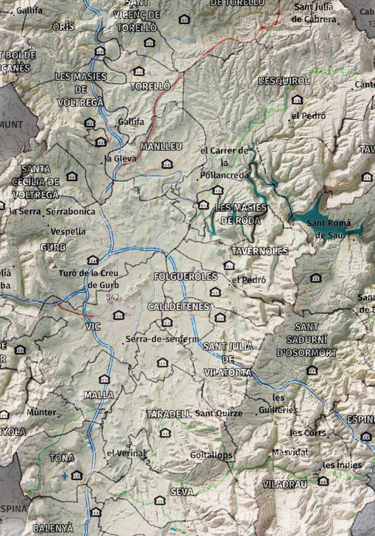 Mapa de relieve de Osona, con el territorio en color y el entorno en blanco. Detalle de la zona central. 21 × 30 cm. Estilo Cartográfico.