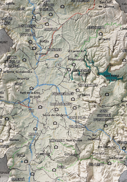 Mapa de relieve de Osona, con el territorio en color y el entorno en blanco. Detalle de la zona central. 21 × 30 cm. Estilo Cartográfico.
