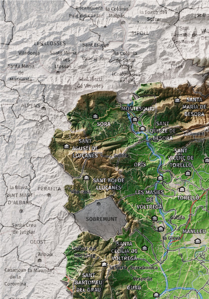 Mapa de relieve de Osona, con el territorio en color y el entorno en blanco. Detalle de la zona superior izquierda. 21 × 30 cm. Estilo Clásico.