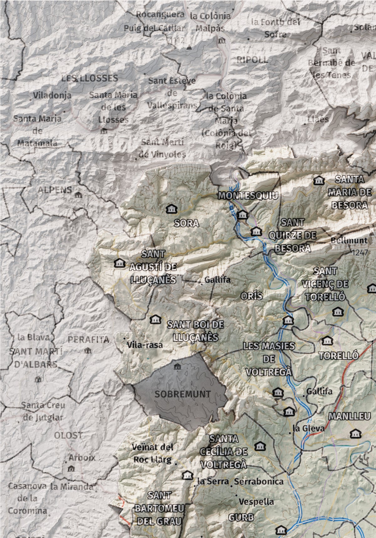 Mapa de relieve de Osona, con el territorio en color y el entorno en blanco. Detalle de la zona superior izquierda. 21 × 30 cm. Estilo Cartográfico.