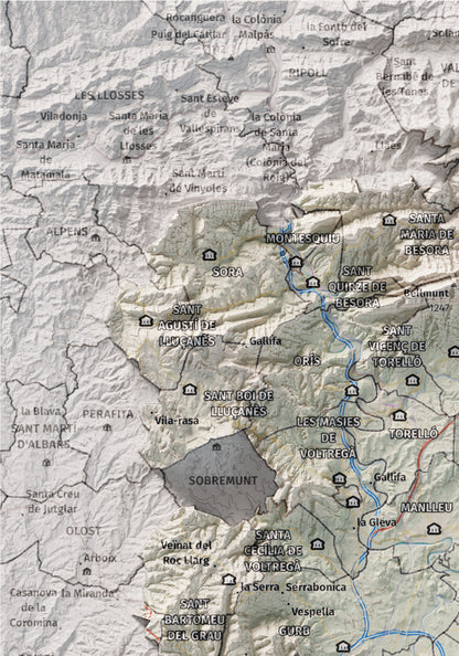 Mapa de relieve de Osona, con el territorio en color y el entorno en blanco. Detalle de la zona superior izquierda. 21 × 30 cm. Estilo Cartográfico.