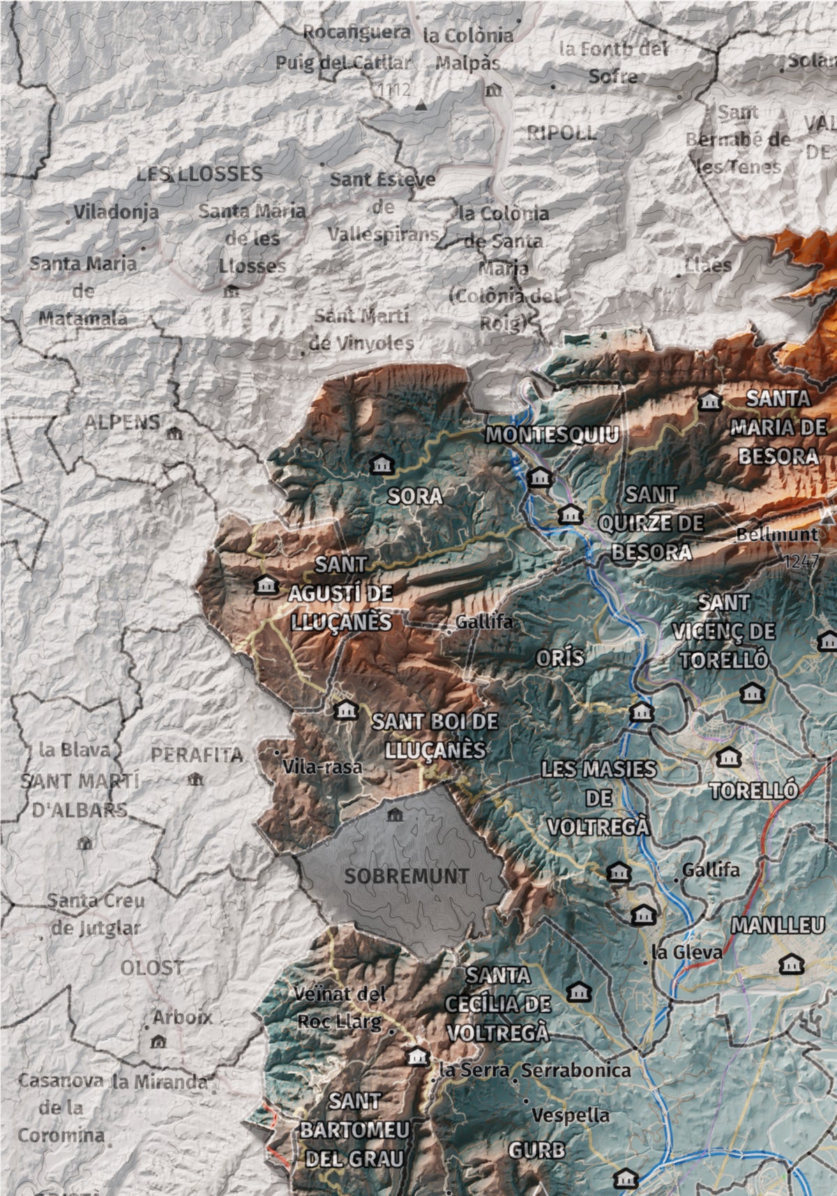 Mapa de relieve de Osona, con el territorio en color y el entorno en blanco. Detalle de la zona superior izquierda. 21 × 30 cm. Estilo Azul y naranja.