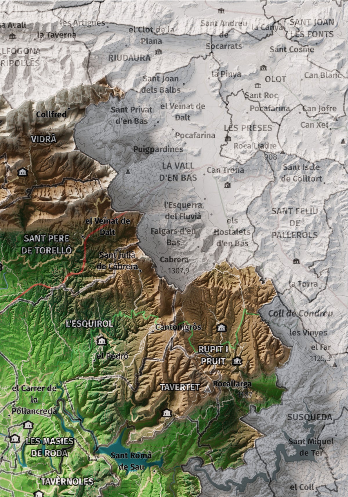 Mapa de relieve de Osona, con el territorio en color y el entorno en blanco. Detalle de la zona superior derecha. 21 × 30 cm. Estilo Clásico.