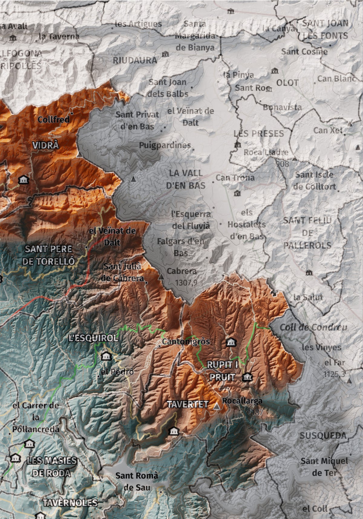 Mapa de relieve de Osona, con el territorio en color y el entorno en blanco. Detalle de la zona superior derecha. 21 × 30 cm. Estilo Azul y naranja.