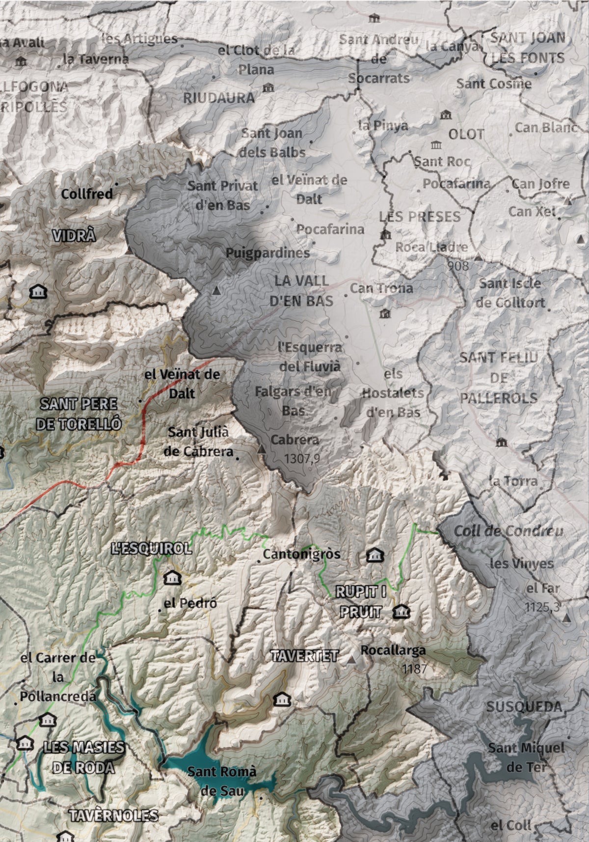 Mapa de relieve de Osona, con el territorio en color y el entorno en blanco. Detalle de la zona superior derecha. 21 × 30 cm. Estilo Cartográfico.