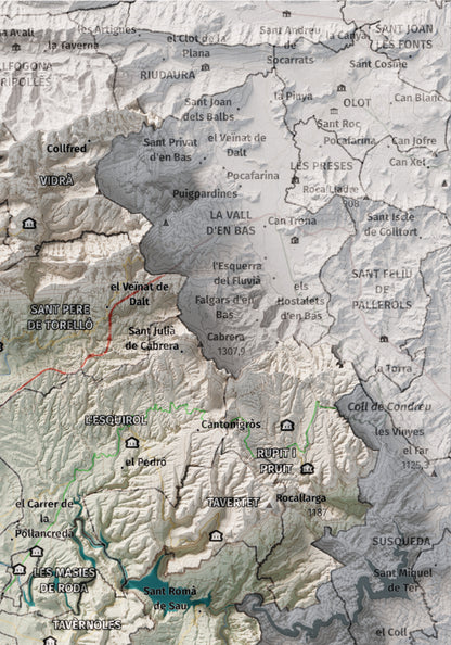 Mapa de relieve de Osona, con el territorio en color y el entorno en blanco. Detalle de la zona superior derecha. 21 × 30 cm. Estilo Cartográfico.