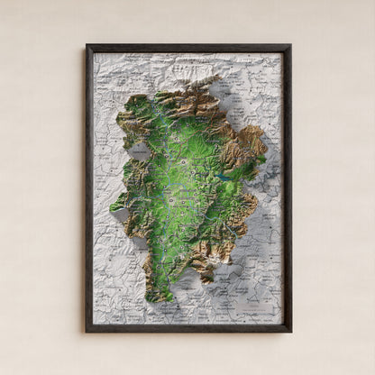 Mapa de relieve de Osona, con el territorio en color y el entorno en blanco. Presentación con marco. 21 × 30 cm. Estilo Clásico.