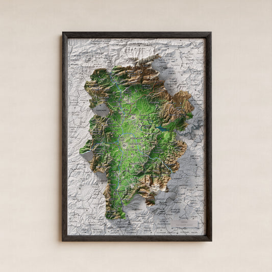 Mapa de relieve de Osona, con el territorio en color y el entorno en blanco. Presentación con marco. 21 × 30 cm. Estilo Clásico.
