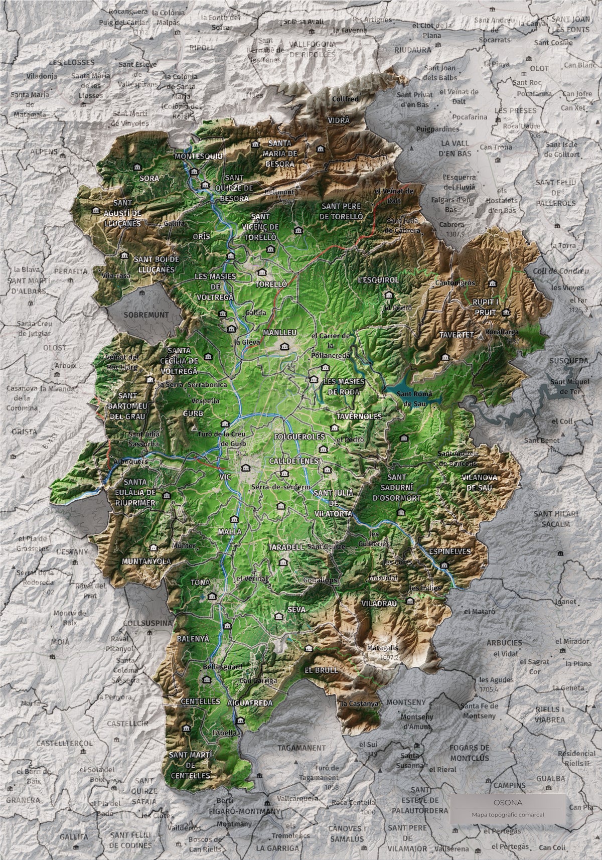 Mapa de relieve de Osona, con el territorio en color y el entorno en blanco. Vista completa de la lámina. 21 × 30 cm. Estilo Clásico.