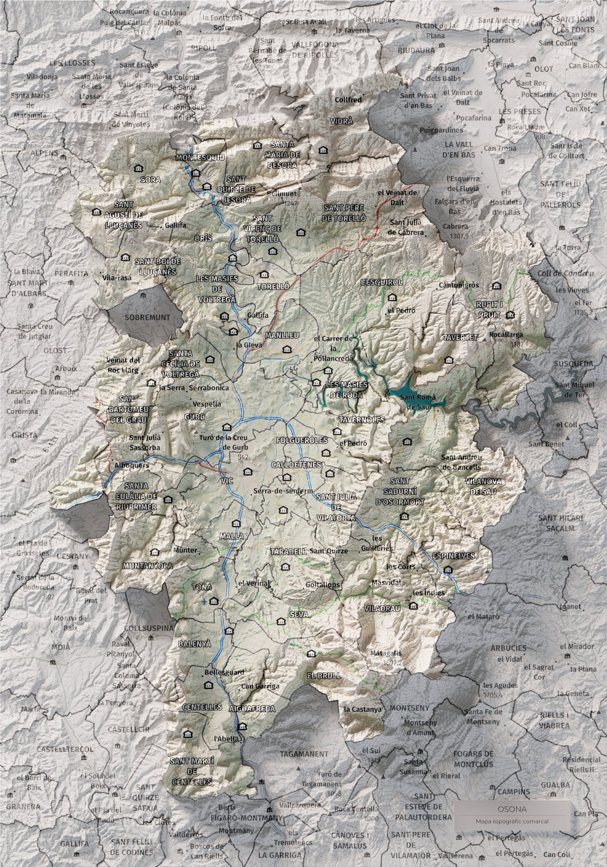 Mapa de relieve de Osona, con el territorio en color y el entorno en blanco. Vista completa de la lámina. 21 × 30 cm. Estilo Cartográfico.