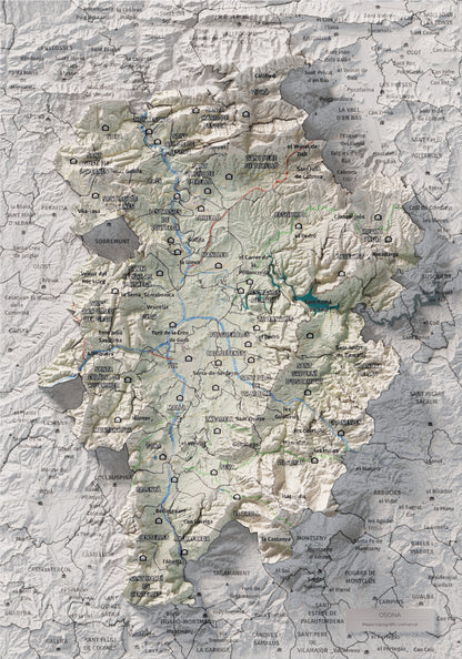Mapa de relieve de Osona, con el territorio en color y el entorno en blanco. Vista completa de la lámina. 21 × 30 cm. Estilo Cartográfico.