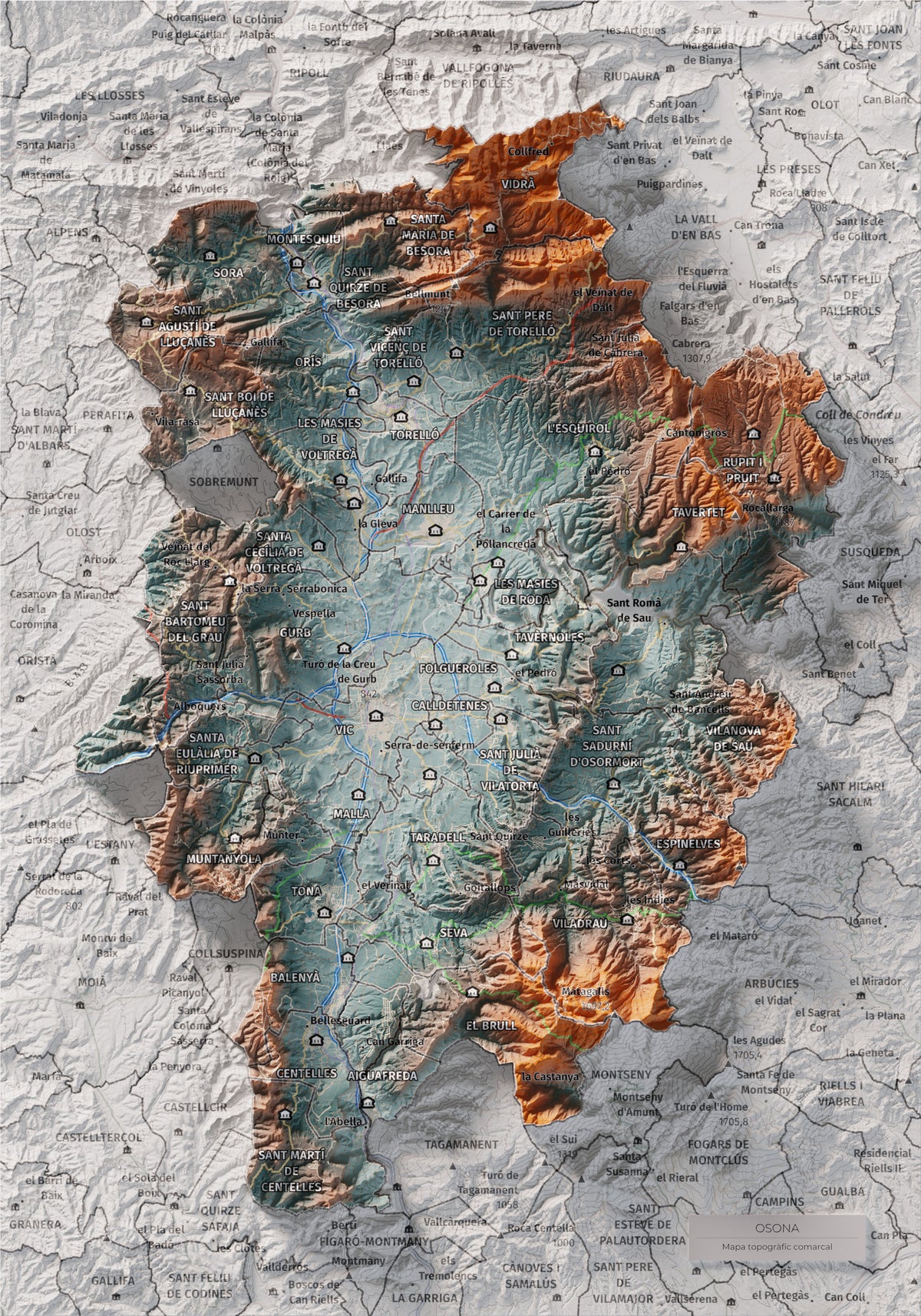 Mapa de relieve de Osona, con el territorio en color y el entorno en blanco. Vista completa de la lámina. 21 × 30 cm. Estilo Azul y naranja.