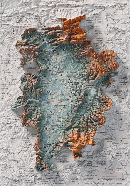 Mapa de relieve de Osona, con el territorio en color y el entorno en blanco. Vista completa de la lámina. 21 × 30 cm. Estilo Azul y naranja.