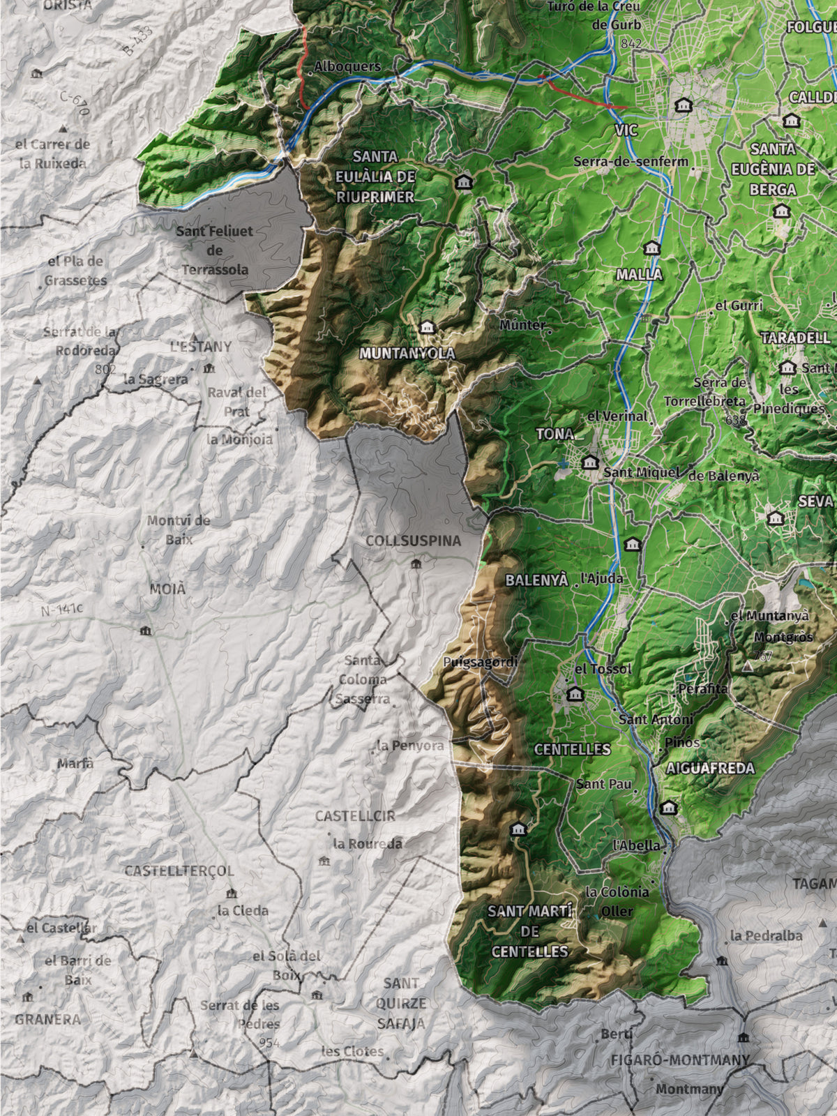 Mapa de relieve de Osona, con el territorio en color y el entorno en blanco. Detalle de la zona inferior izquierda. 30 × 40 cm. Estilo Clásico.