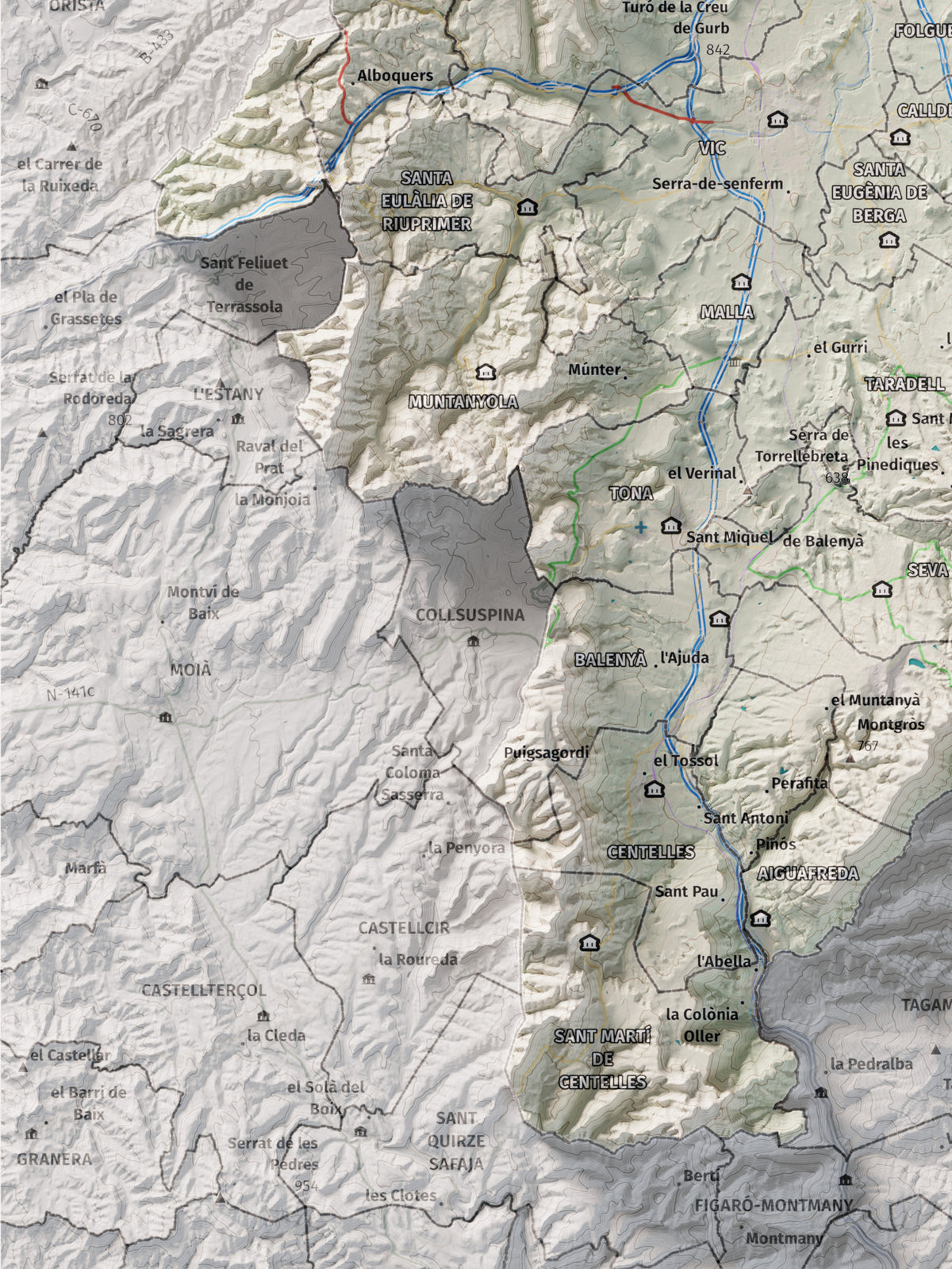 Mapa de relieve de Osona, con el territorio en color y el entorno en blanco. Detalle de la zona inferior izquierda. 30 × 40 cm. Estilo Cartográfico.