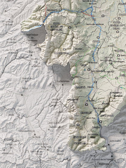 Mapa de relieve de Osona, con el territorio en color y el entorno en blanco. Detalle de la zona inferior izquierda. 30 × 40 cm. Estilo Cartográfico.