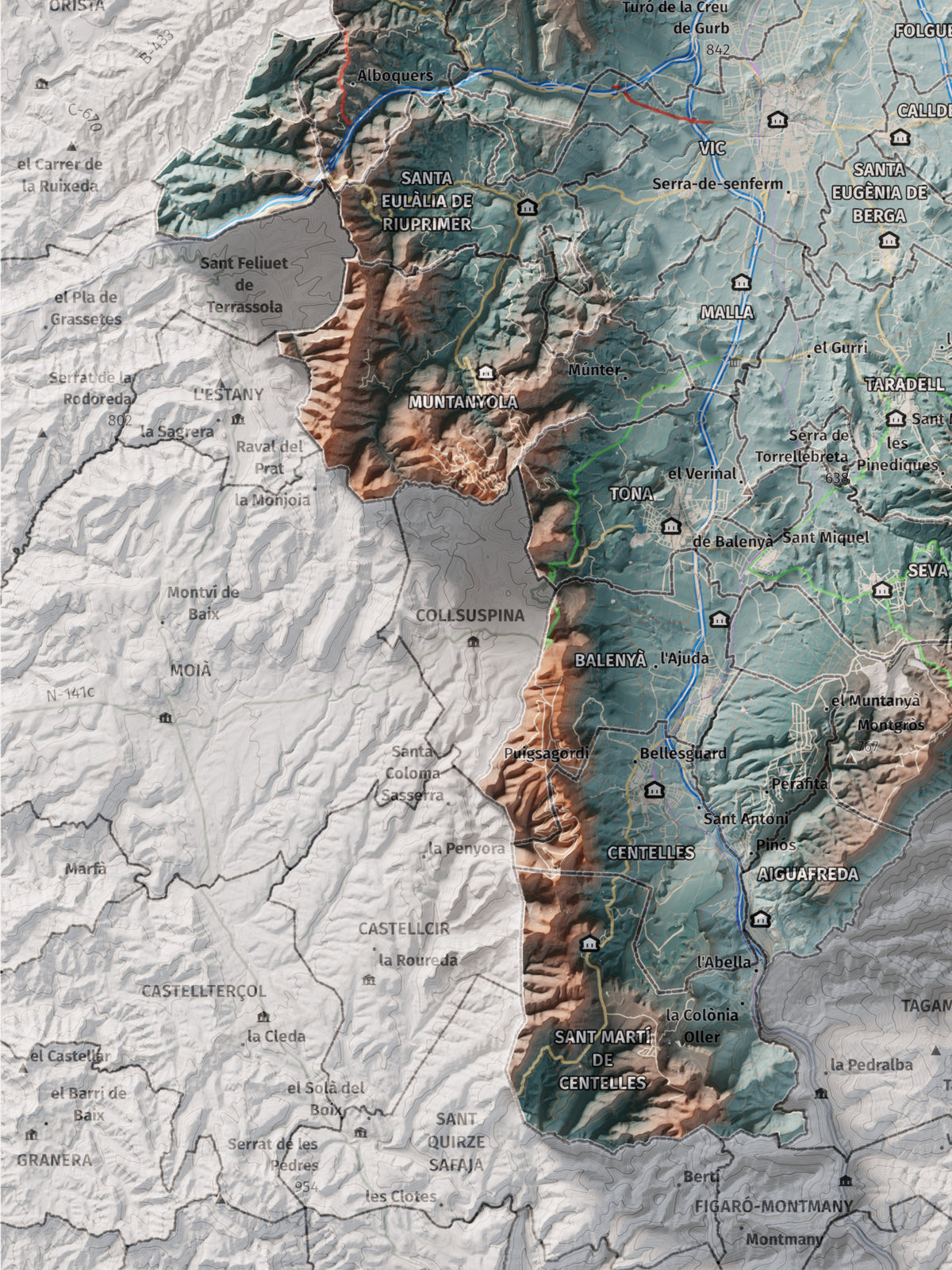 Mapa de relieve de Osona, con el territorio en color y el entorno en blanco. Detalle de la zona inferior izquierda. 30 × 40 cm. Estilo Azul y naranja.