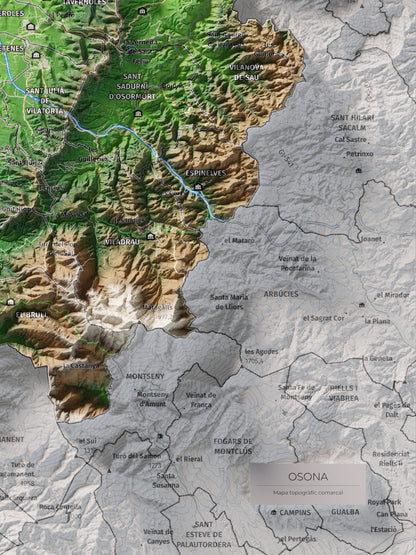 Mapa de relieve de Osona, con el territorio en color y el entorno en blanco. Detalle de la zona inferior derecha. 30 × 40 cm. Estilo Clásico.
