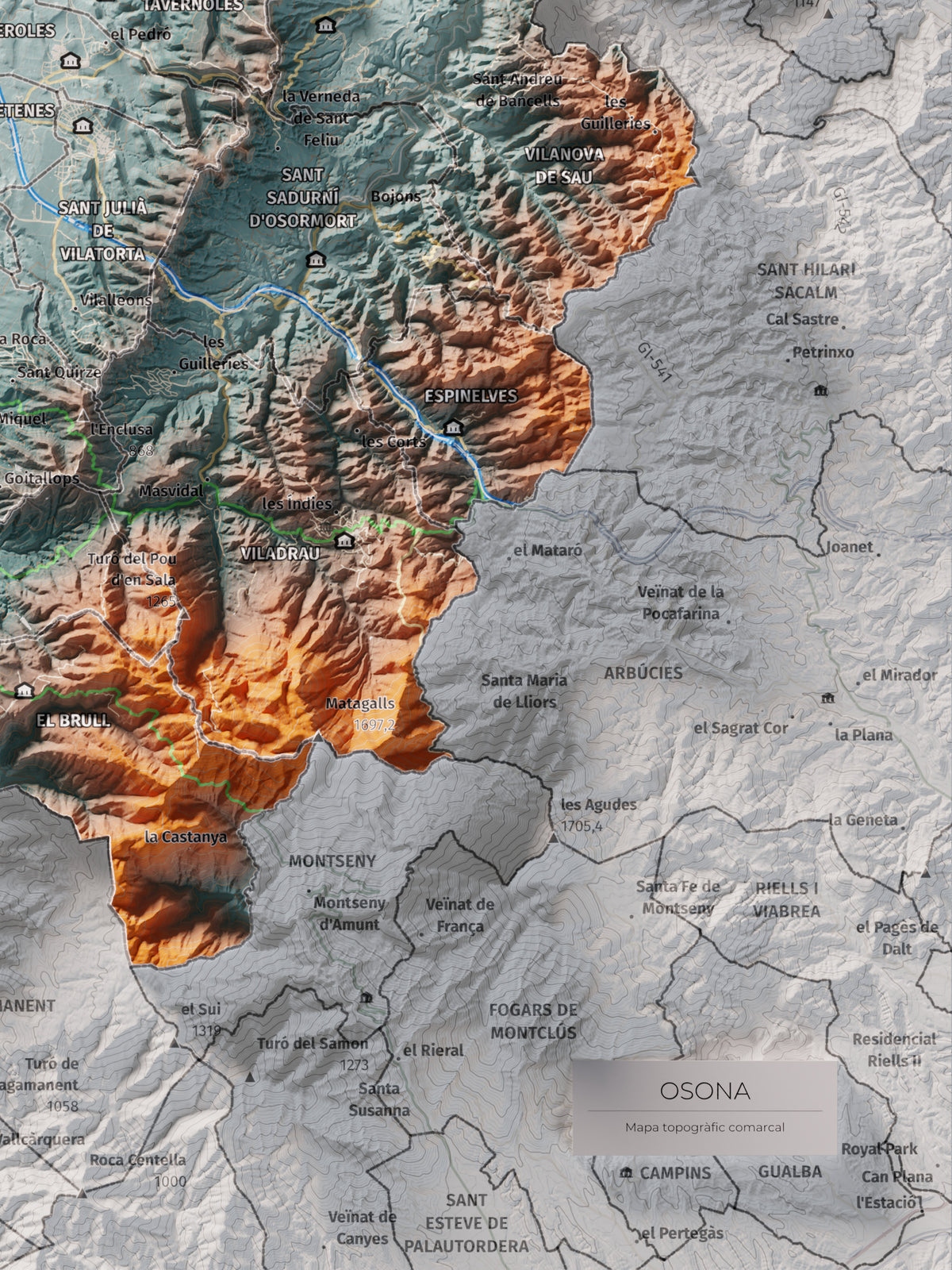 Mapa de relieve de Osona, con el territorio en color y el entorno en blanco. Detalle de la zona inferior derecha. 30 × 40 cm. Estilo Azul y naranja.