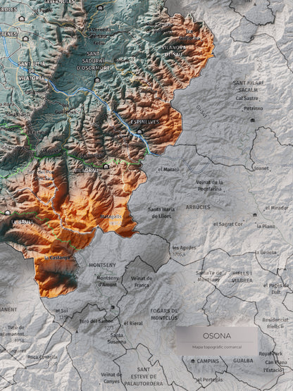 Mapa de relieve de Osona, con el territorio en color y el entorno en blanco. Detalle de la zona inferior derecha. 30 × 40 cm. Estilo Azul y naranja.