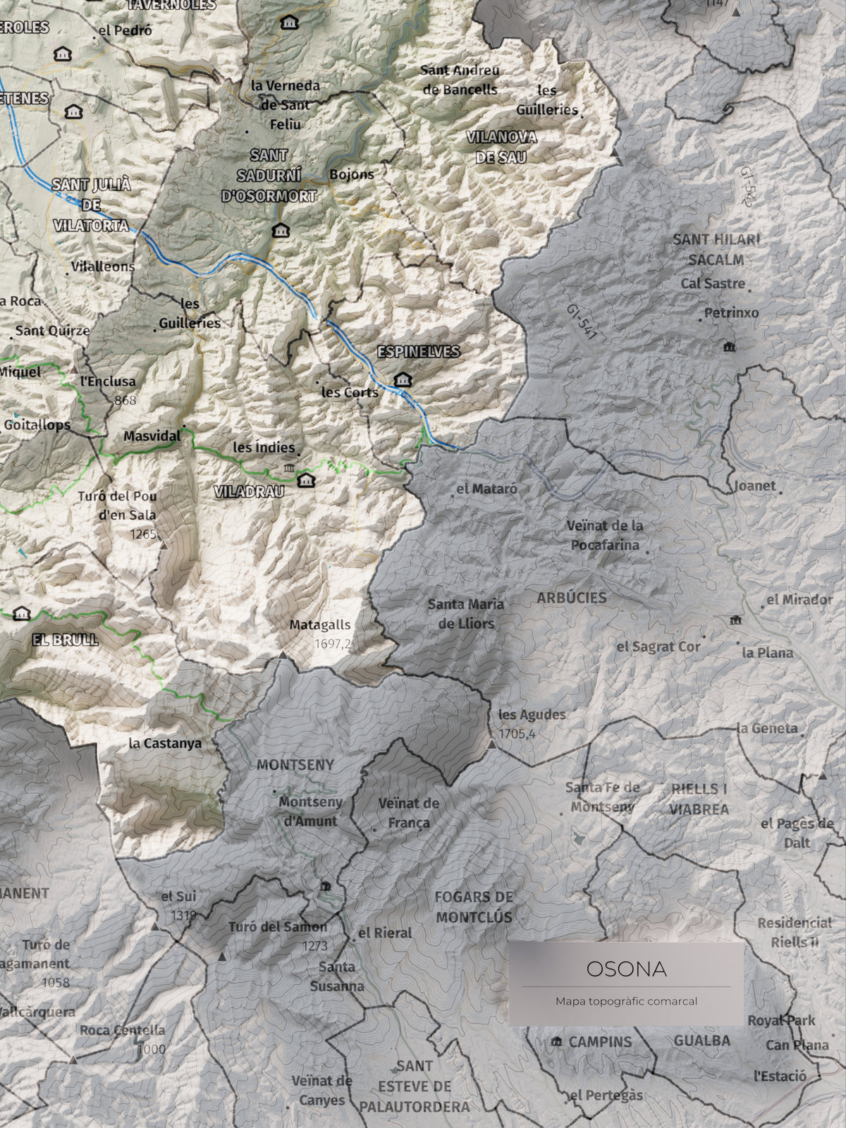 Mapa de relieve de Osona, con el territorio en color y el entorno en blanco. Detalle de la zona inferior derecha. 30 × 40 cm. Estilo Cartográfico.