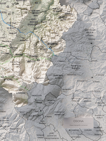 Mapa de relieve de Osona, con el territorio en color y el entorno en blanco. Detalle de la zona inferior derecha. 30 × 40 cm. Estilo Cartográfico.