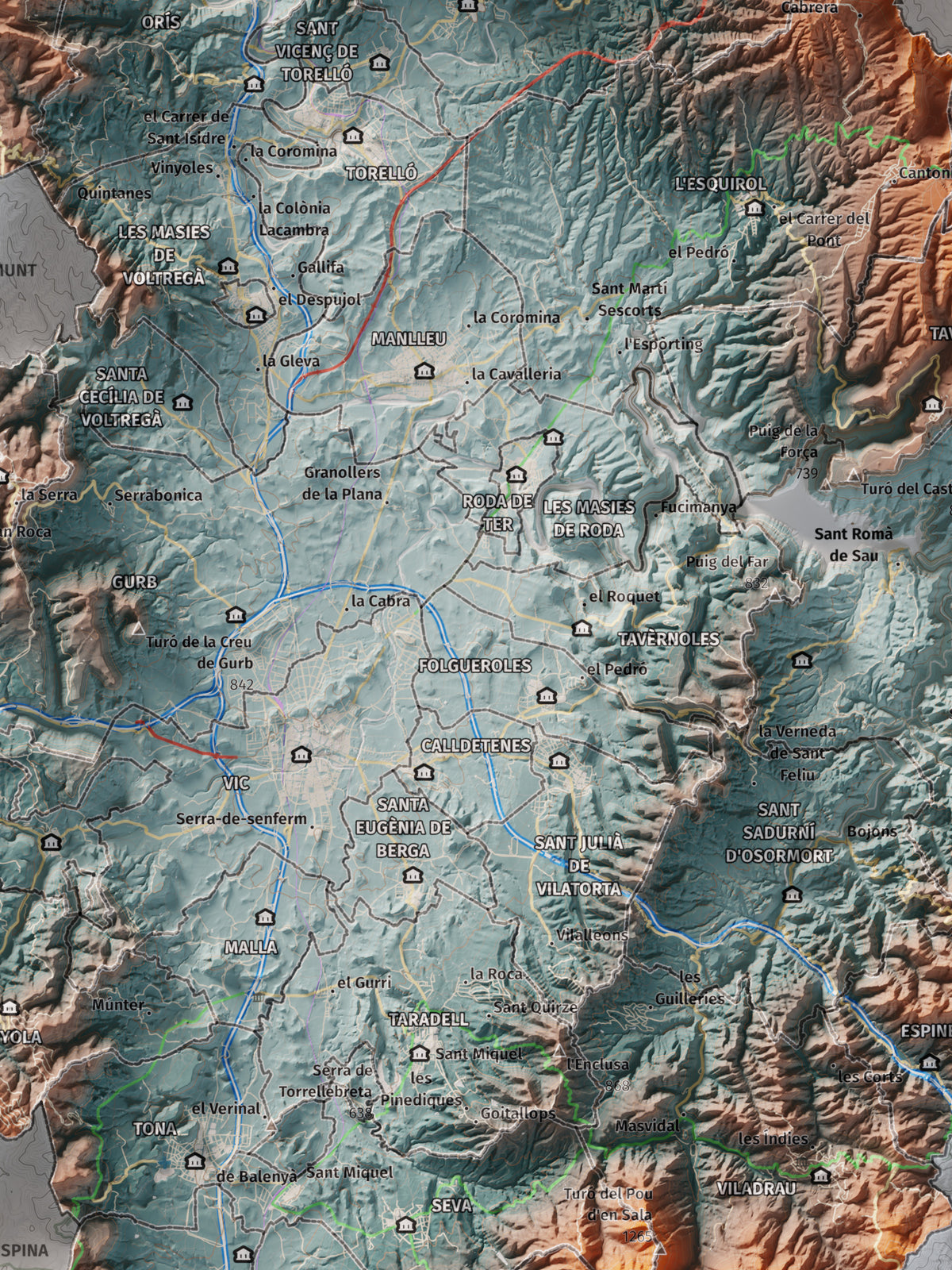 Mapa de relieve de Osona, con el territorio en color y el entorno en blanco. Detalle de la zona central. 30 × 40 cm. Estilo Azul y naranja.