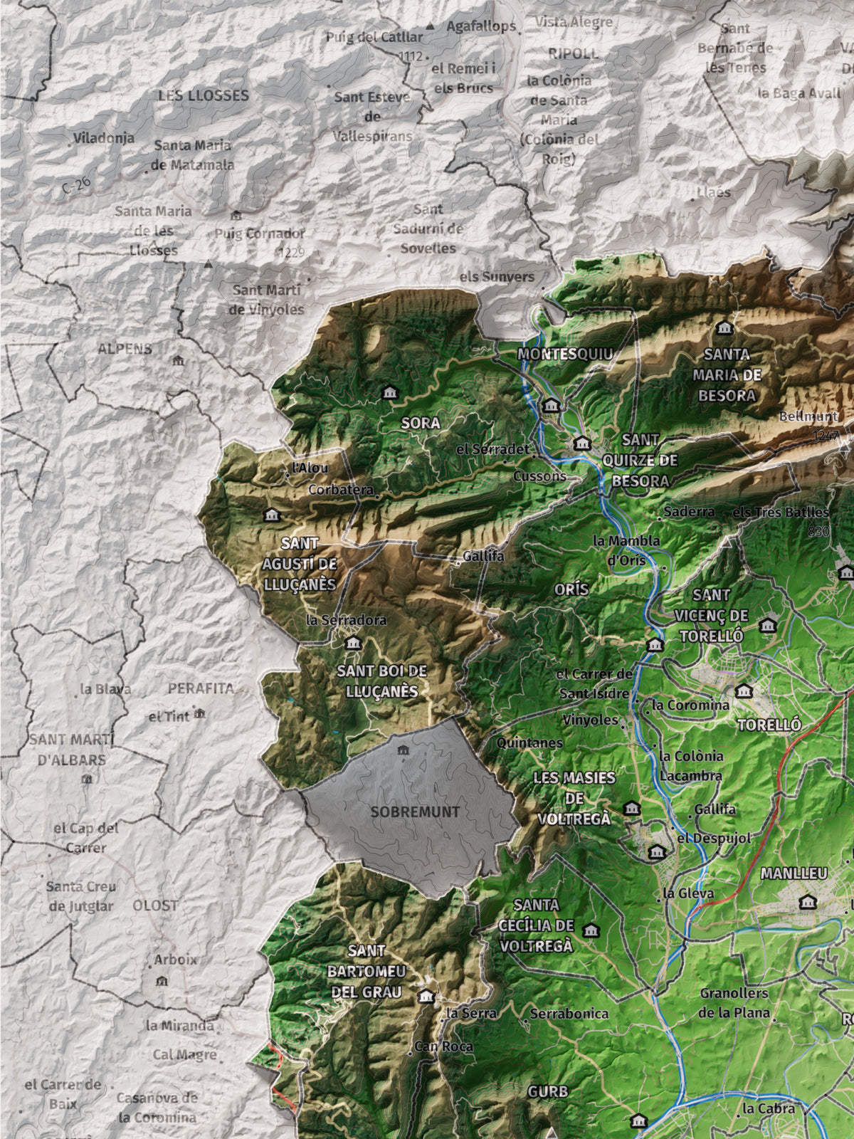 Mapa de relieve de Osona, con el territorio en color y el entorno en blanco. Detalle de la zona superior izquierda. 30 × 40 cm. Estilo Clásico.