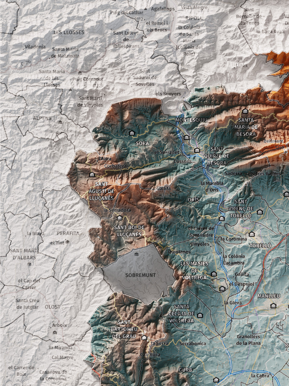 Mapa de relieve de Osona, con el territorio en color y el entorno en blanco. Detalle de la zona superior izquierda. 30 × 40 cm. Estilo Azul y naranja.