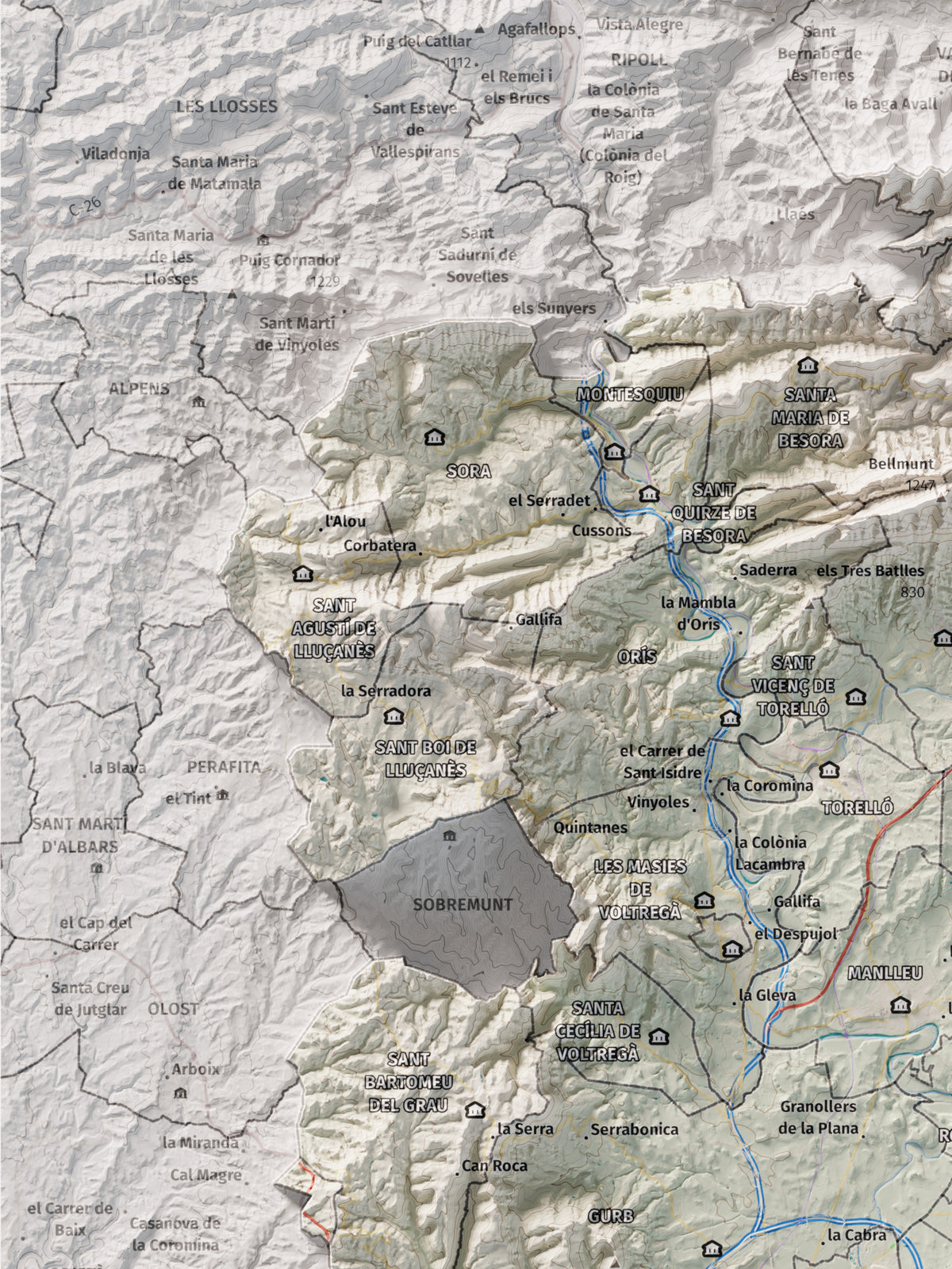 Mapa de relieve de Osona, con el territorio en color y el entorno en blanco. Detalle de la zona superior izquierda. 30 × 40 cm. Estilo Cartográfico.