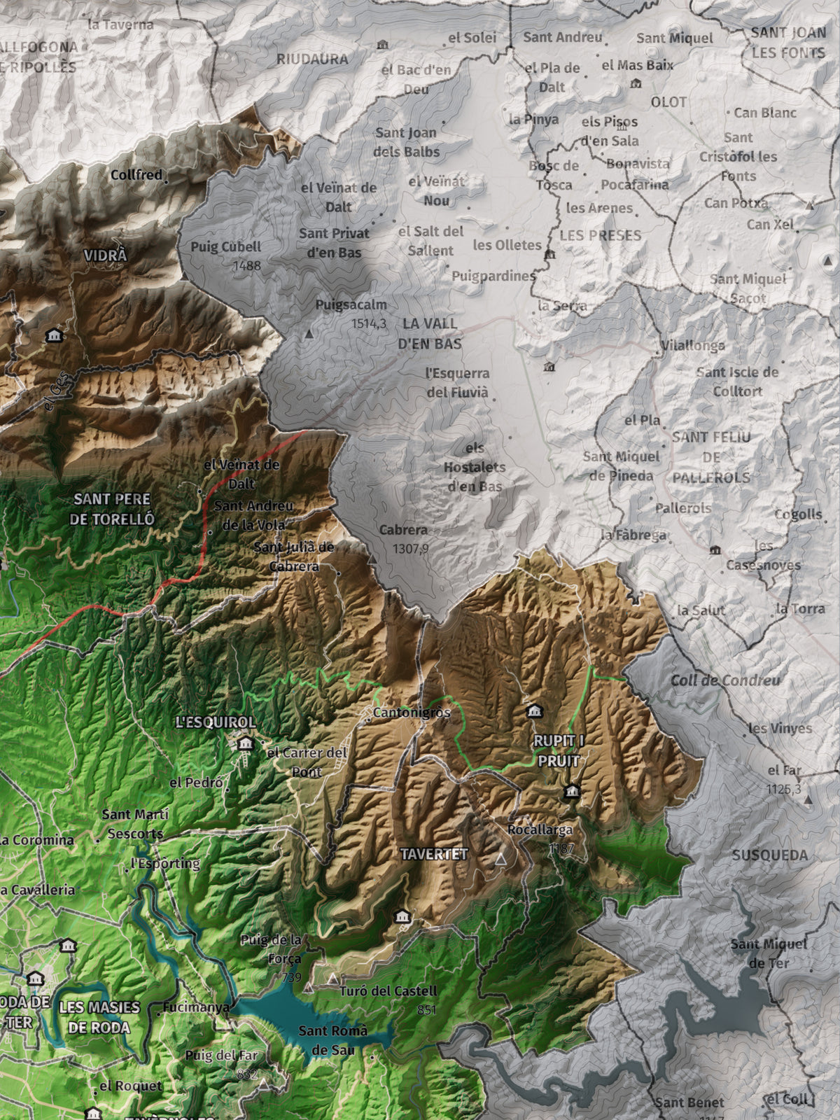 Mapa de relieve de Osona, con el territorio en color y el entorno en blanco. Detalle de la zona superior derecha. 30 × 40 cm. Estilo Clásico.