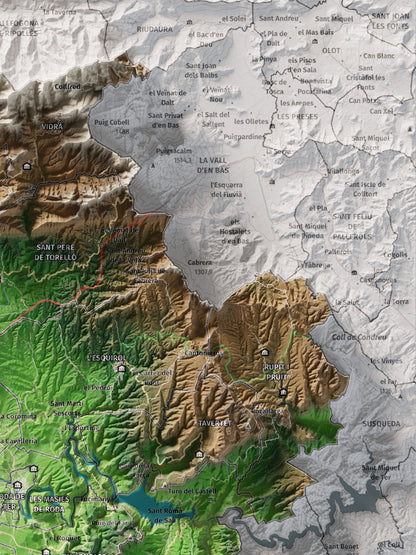 Mapa de relieve de Osona, con el territorio en color y el entorno en blanco. Detalle de la zona superior derecha. 30 × 40 cm. Estilo Clásico.