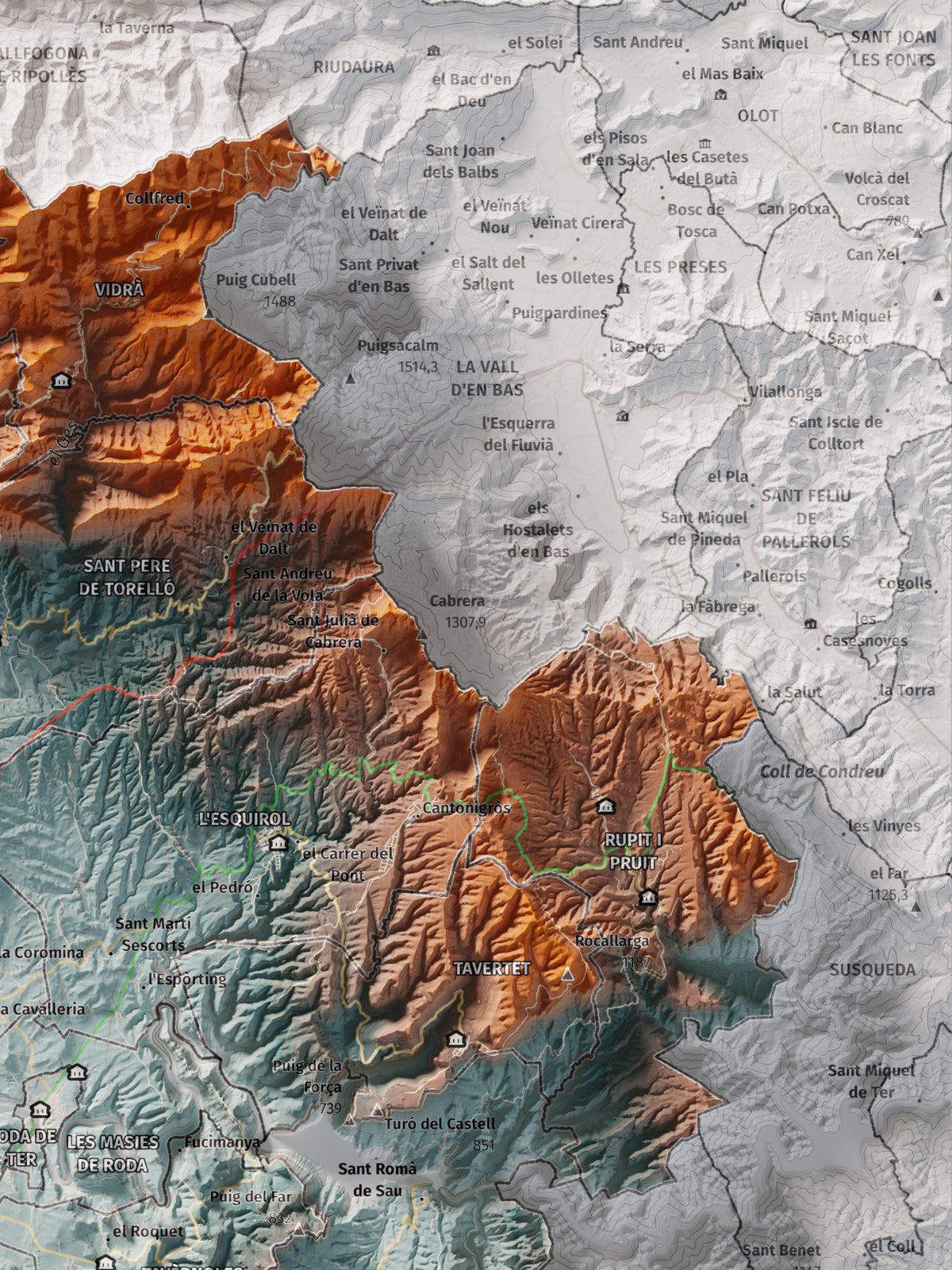 Mapa de relieve de Osona, con el territorio en color y el entorno en blanco. Detalle de la zona superior derecha. 30 × 40 cm. Estilo Azul y naranja.