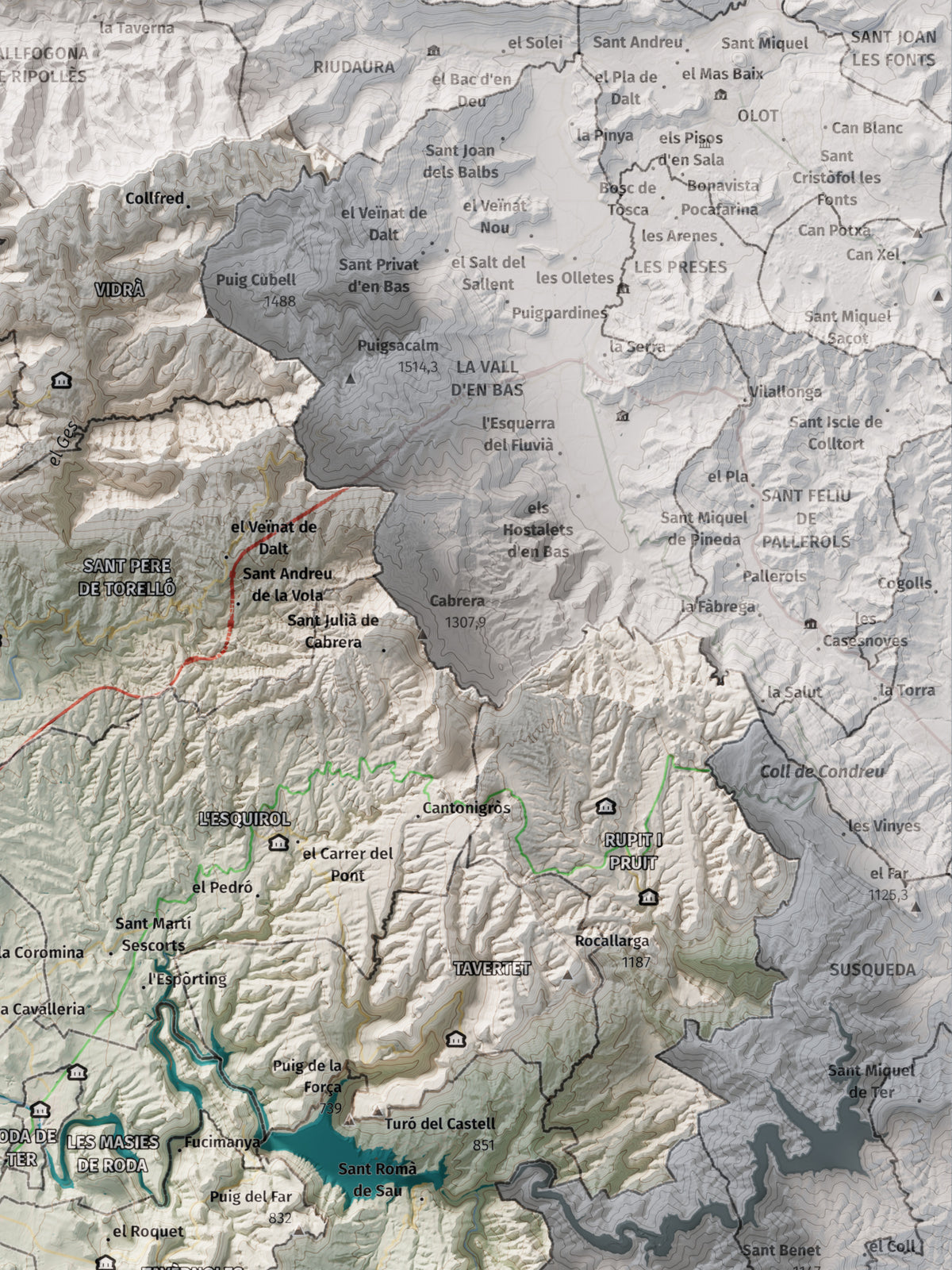 Mapa de relieve de Osona, con el territorio en color y el entorno en blanco. Detalle de la zona superior derecha. 30 × 40 cm. Estilo Cartográfico.